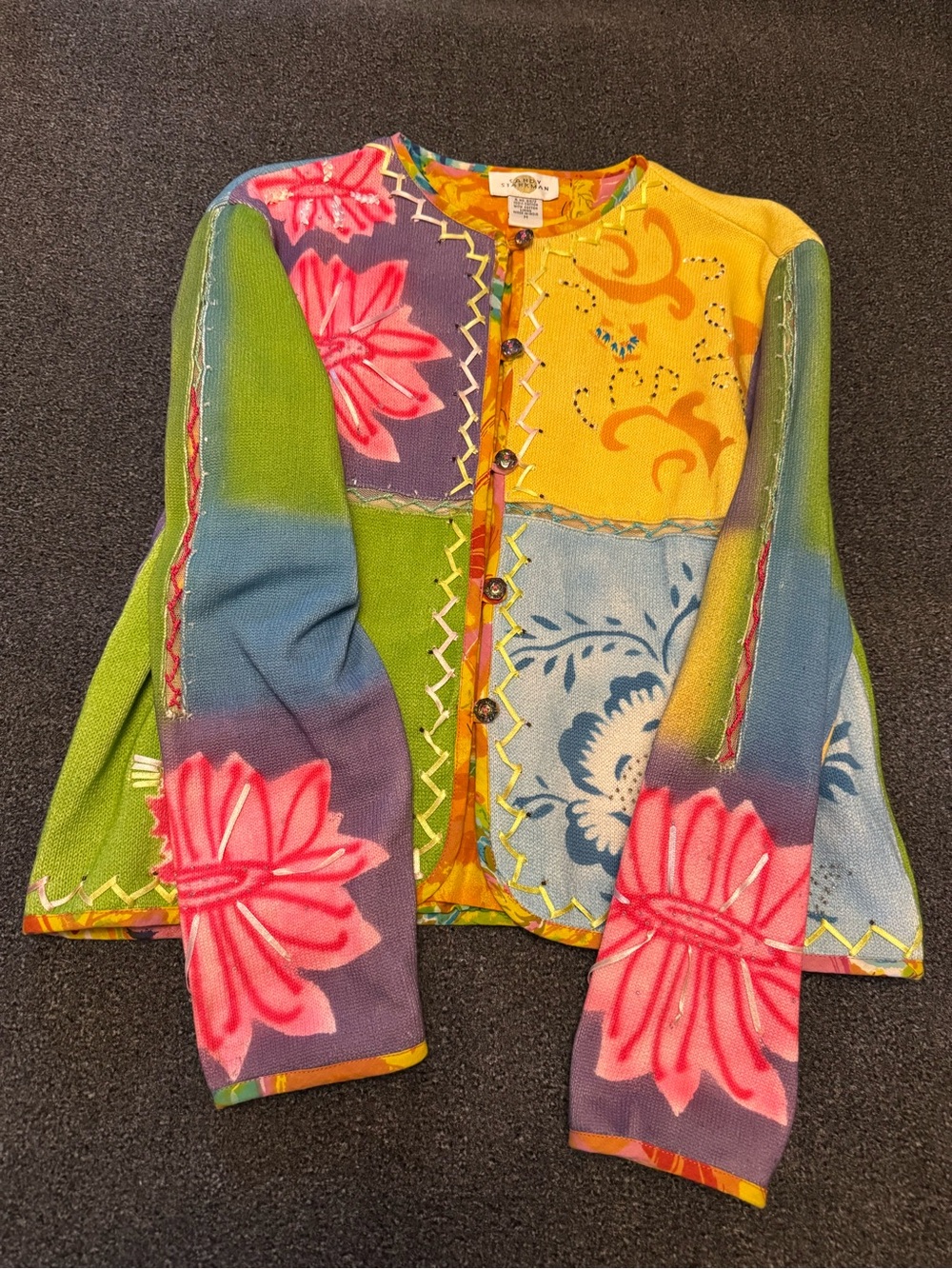 Vintage Sandy Starkman Patchwork Floral Cardigan Sweater Jacket Size M - Picture 3 of 12
